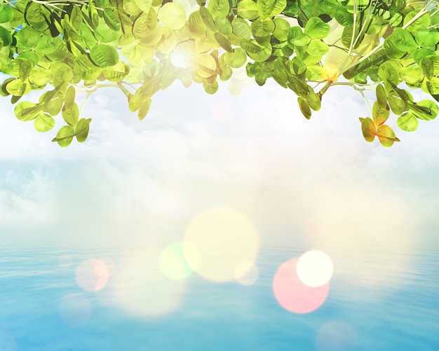 Free photo 3d render of green leaves on a sunny bokeh lights background