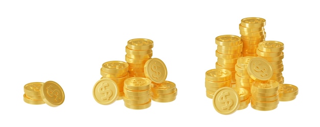 3D render growing gold coin piles income increase