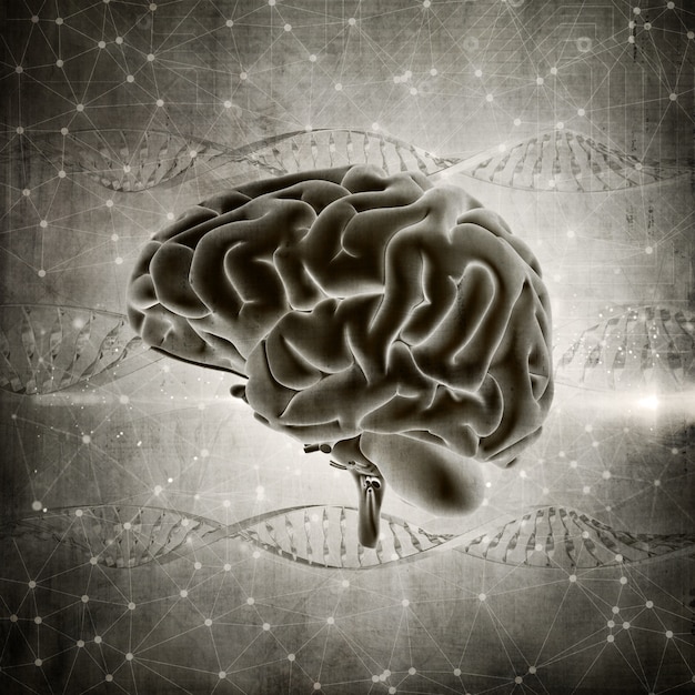 3d render of a grunge style brain image on a dna strands background