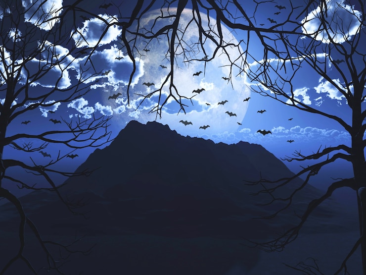 Free Photo 3d render of a halloween landscape with flying bats