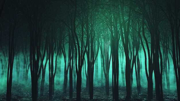 Premium Photo  Foggy night jungle forest dark trees in white mist 3d  illustration