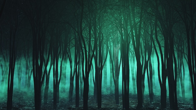 3D визуализация пейзажа Хэллоуина с жутким туманным лесом