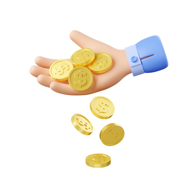 3d render hand dropping golden coins on white