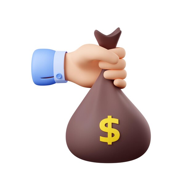 3d render hand holding money sack with dollars