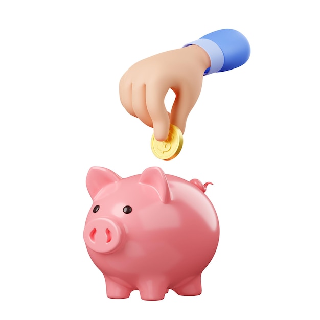 Free photo 3d render hand put golden coin into piggy bank