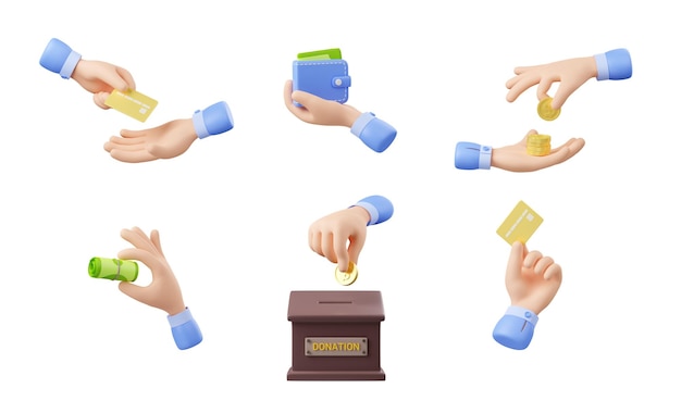 Бесплатное фото 3d рендеринг руки с изолированным набором монет и банкнот