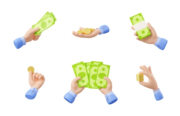 3d render hand with coins and bills isolated set