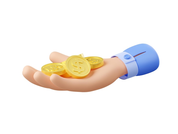 Free photo 3d render hand with golden coins lying on palm