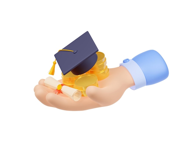 Бесплатное фото 3d рендеринг руки с деньгами и академической шапкой