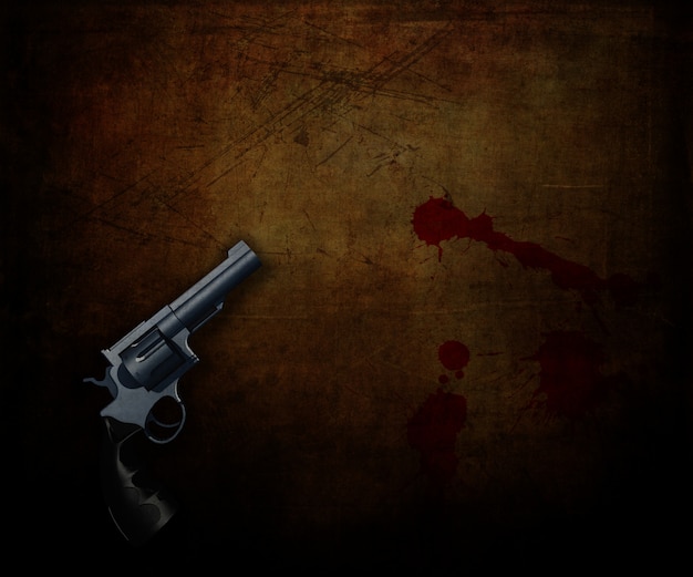 Free photo 3d render of a handgun on a grunge background with blood splatters