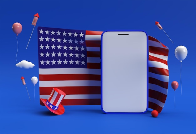 無料写真 3dレンダリングハッピー7月4日アメリカ独立記念日とスマートフォンモックアップアメリカ国旗