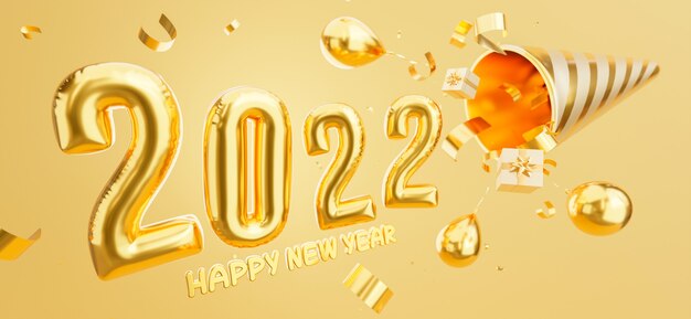 3d render of happy new year 2022 golden balloons floating out of paper shoot