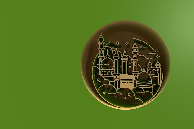 円の背景にモスクのデザインの3Dレンダリングイラストイードムバラクのお祝い