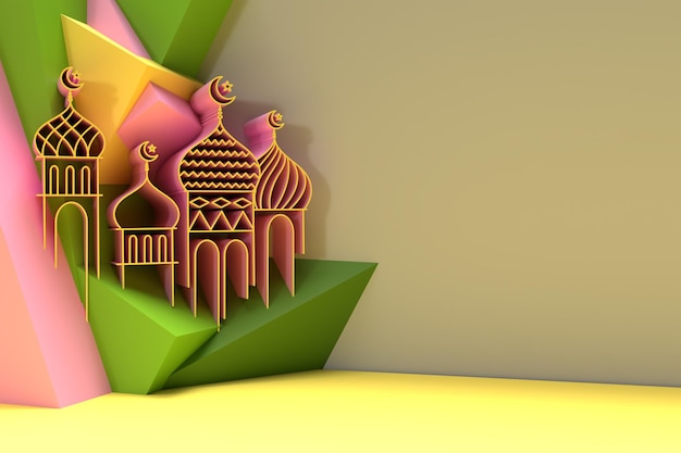Foto gratuita 3d render illustrazione di una moschea design con lo spazio del tuo testo celebrazione di eid mubarak