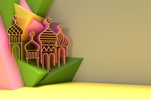 3D Render illustration of a Mosque Design with Space of Your Text Eid Mubarak celebration