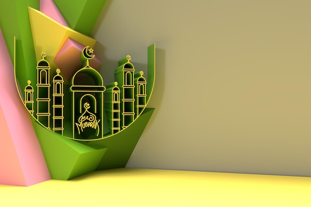 Бесплатное фото 3d визуализация дизайна мечети с пространством вашего текста празднования ид мубарака