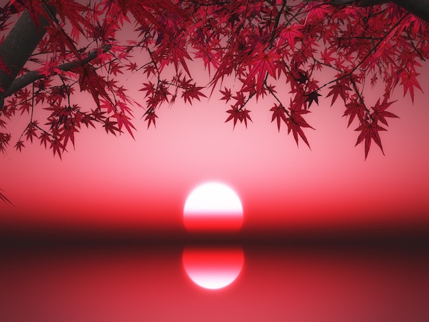 Foto gratuita il rendering 3d di un albero di acero giapponese contro un tramonto sull'oceano