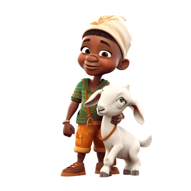 3d render of a kid with a goat isolated on white background