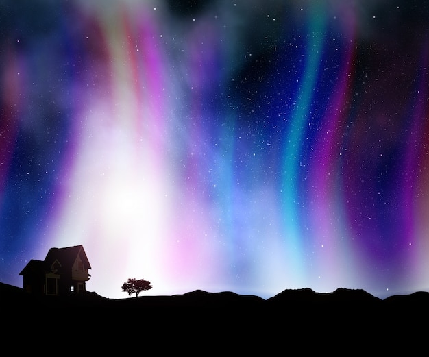 오로라 조명으로 밤 하늘을 배경으로 집과 풍경의 3d 렌더링