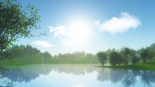 3d render of a landscape with trees against riverbank