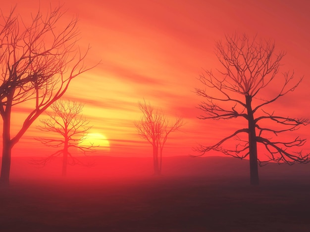 Foto gratuita rendering 3d di un paesaggio con alberi che si staglia contro un cielo al tramonto