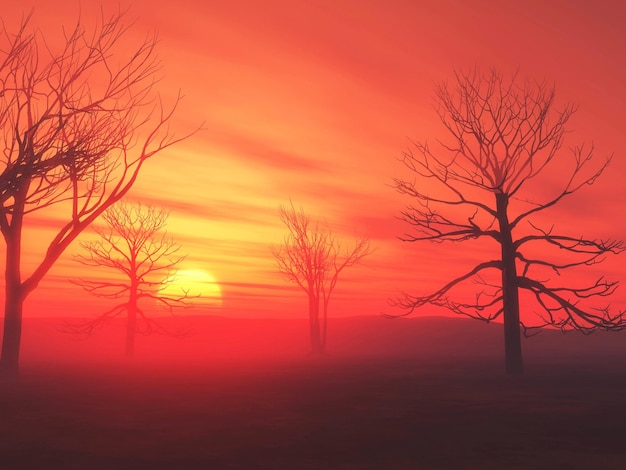 3D render of a landscape with trees silhouetted against a sunset sky