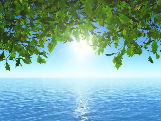 3D визуализации листьев против океана пейзаж