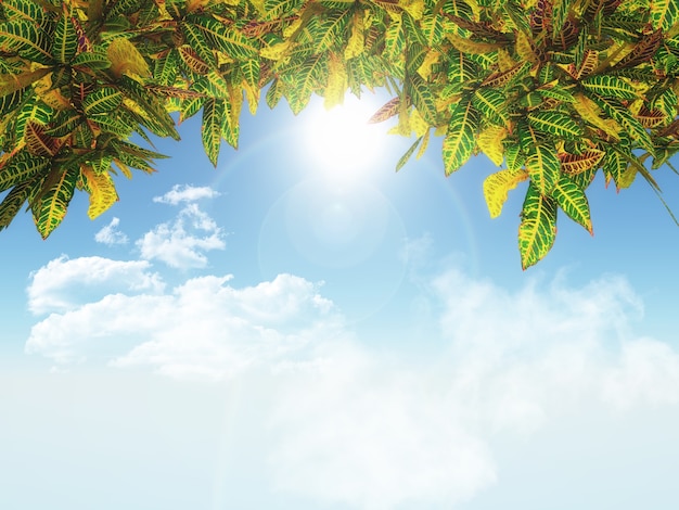 3d render of leaves on a blue sky background
