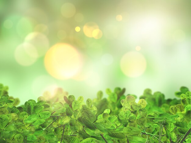 3D render of leaves on a bokeh lights defocussed background