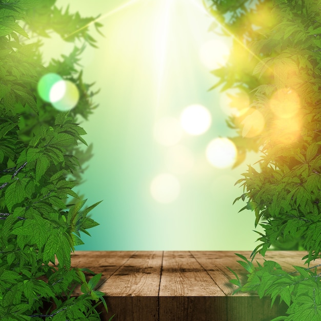 Free photo 3d render of leaves and wooden table display background