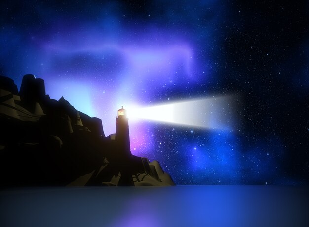3d render of a lighthouse against a space sky