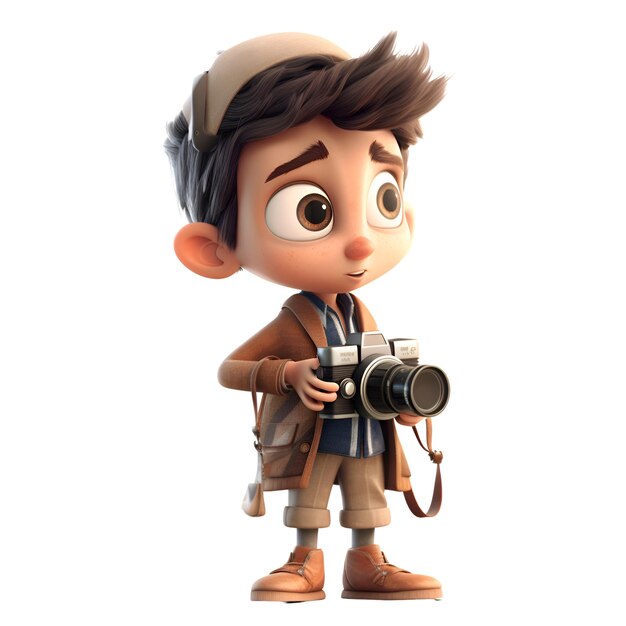 백색 배경에 고립 된 카메라를 가진 작은 소년의 3D 렌더링