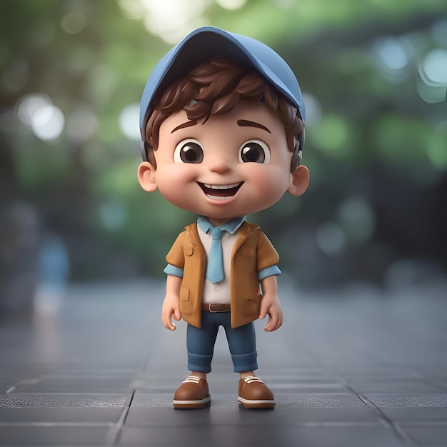 Foto gratuita render 3d di un ragazzino con cappello e cappotto nel parco