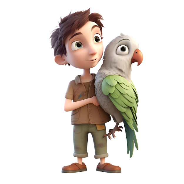 Free photo 3d render of a little boy with parrot on white background