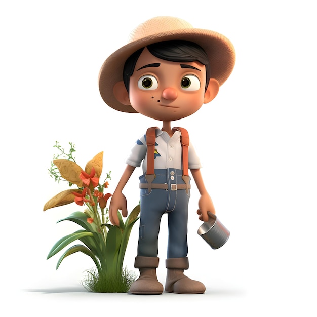 Free photo 3d render of little farmer with flower pot on white background with shadow