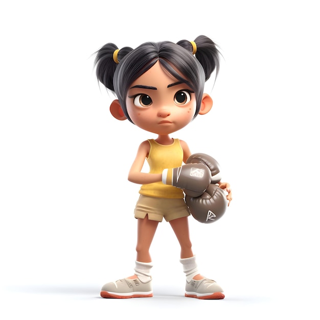 3D Render of a little girl with boxing gloves on white background