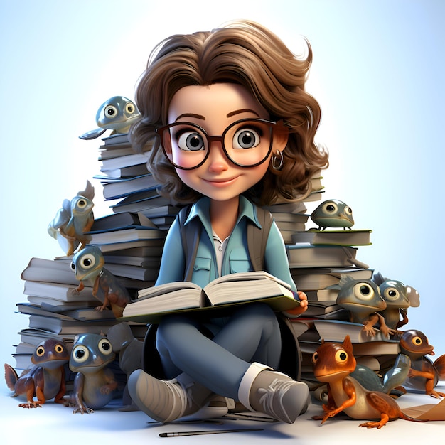 Free photo 3d render of a little girl with frogs and books reading