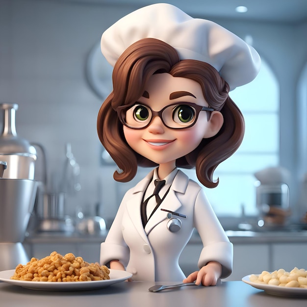 3D-рендер Маленькой медсестры с макаронами на кухне