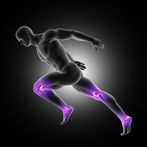 3d render of a male figure in sprinting pose with leg joints highlighted