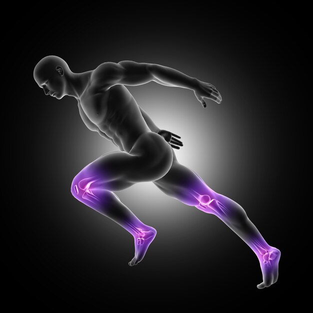 3D-рендеринг мужской фигуры в спринтерской позе с суставами ног