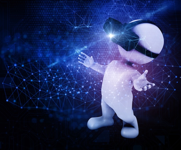 3d render of a male figure wearing a vr headset on an abstract techno background