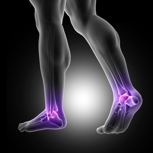 발목 관절이 강조 표시된 발 가까이와 남성 그림의 3d 렌더링