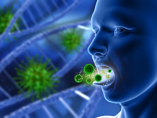 Rendering 3d di una figura maschile con la bocca aperta con le cellule di virus