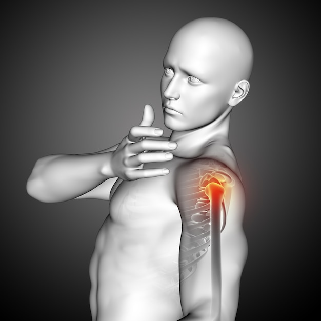 3D render of a male medical figure with close up of shoulder