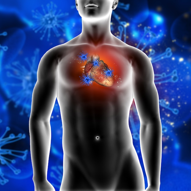 3d render of a medical background showing virus cells attacking a heart in a male figure