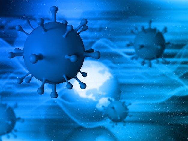 Rendering 3d di un background medico con cellula virus astratto su sfondo globo sfocato Foto Gratuite