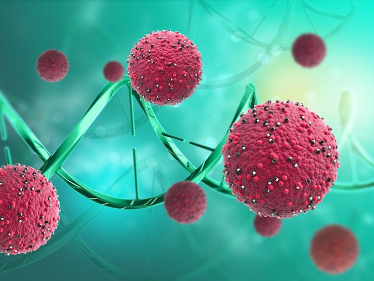 Free Photo 3d render of a medical background with abstract virus cells and dna strands