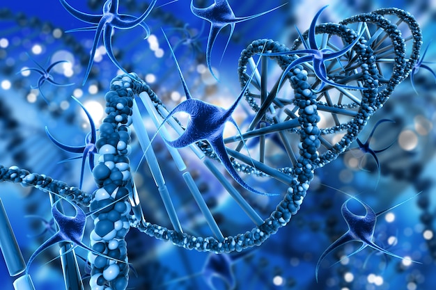 Free photo 3d render of a medical background with abstract virus cells and dna strands