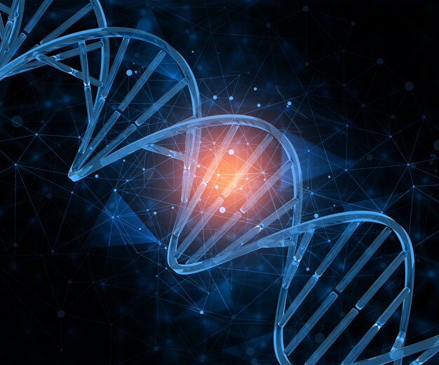 연결 점과 DNA 가닥과 의료 배경의 3d 렌더링