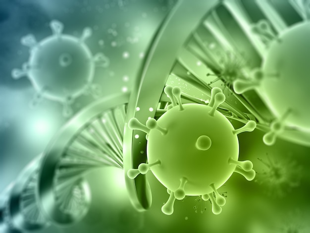 Free photo 3d render of a medical background with dna strand and virus cells